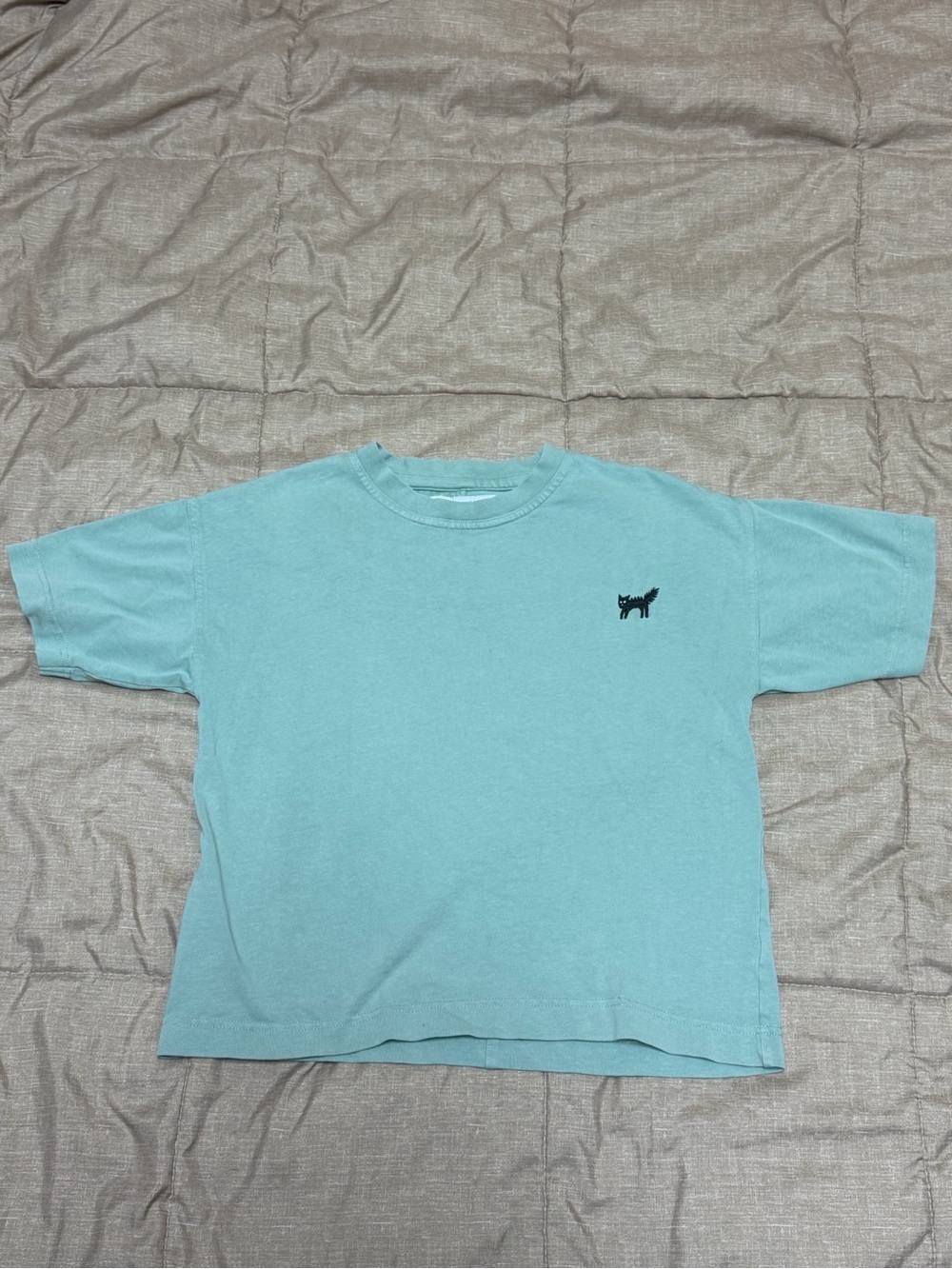 Zara Green Short Sleeve Tee with Embroidered Black Cat 11-12 yrs